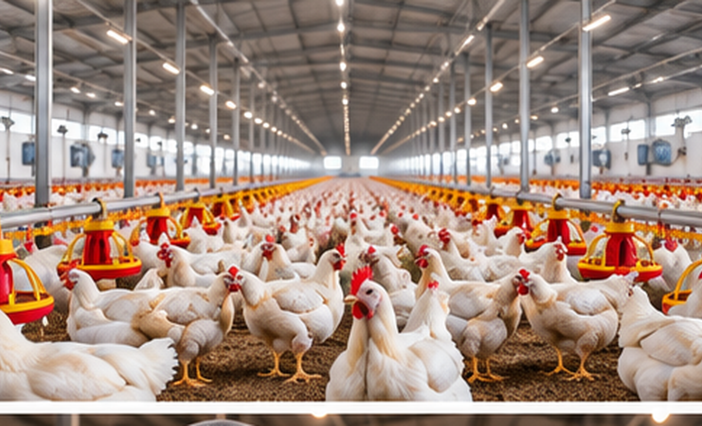 Poultry farm investment in a modern commercial poultry barn with automated feeding systems