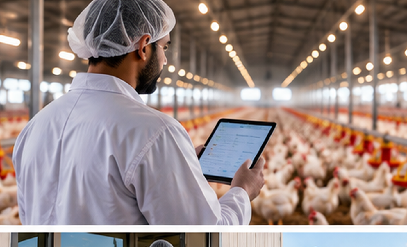 Professional poultry farm manager using a tablet inside a commercial poultry facility