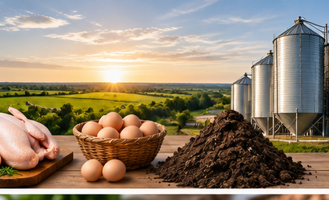Poultry meat eggs manure and farm infrastructure representing different business revenue streams