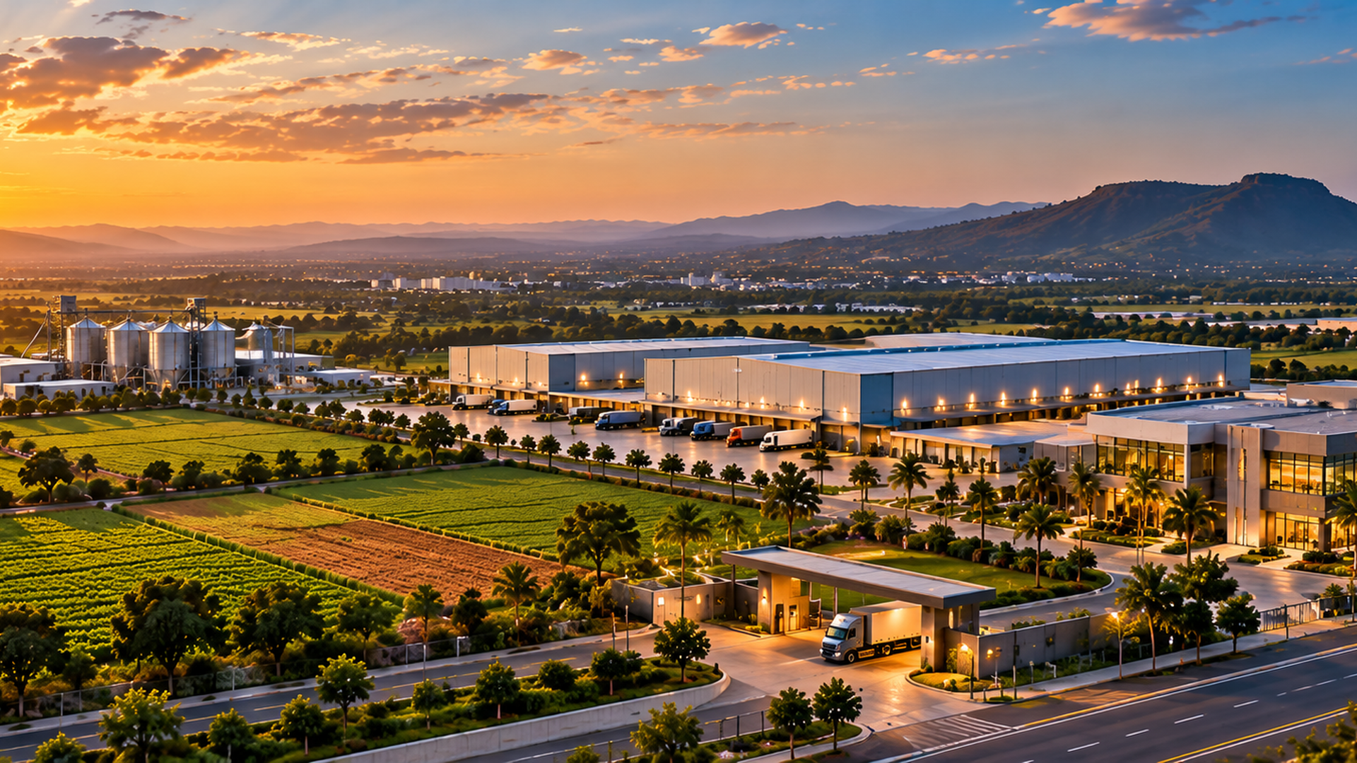 Aerial view of productive real estate with agricultural and commercial infrastructure