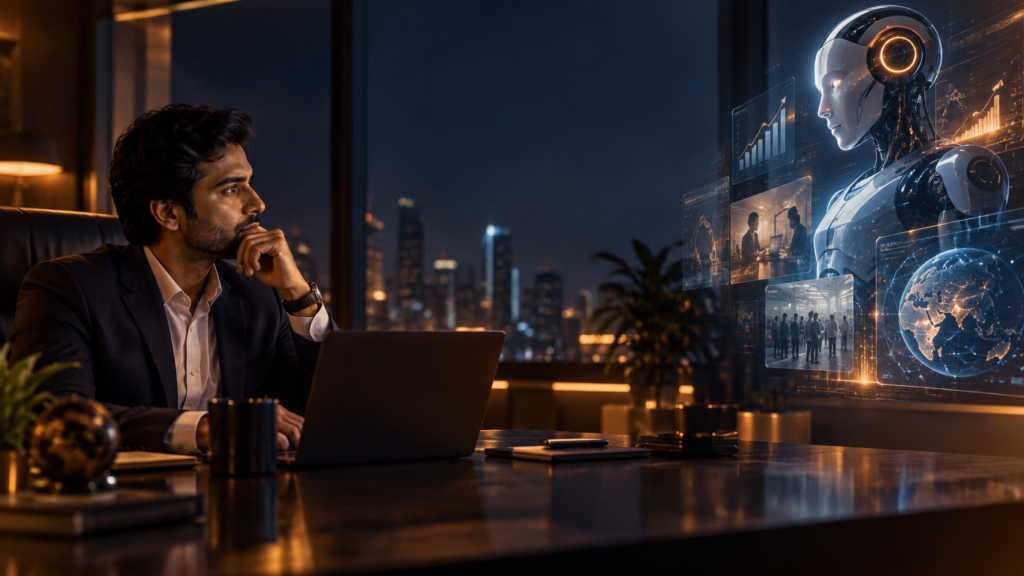 Professional considering AI disruption and asset-backed passive income opportunities
