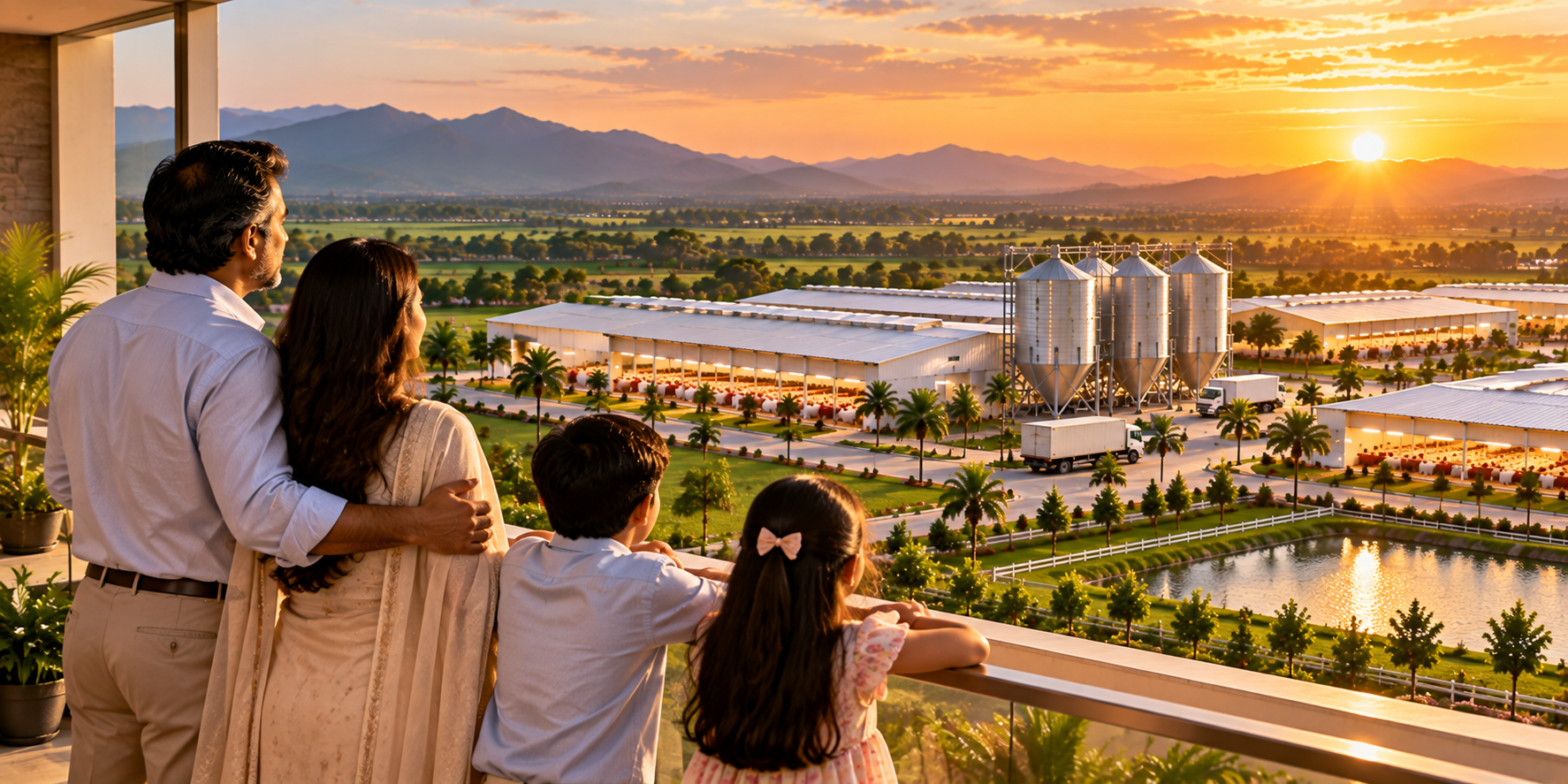Family overlooking productive assets representing long-term legacy